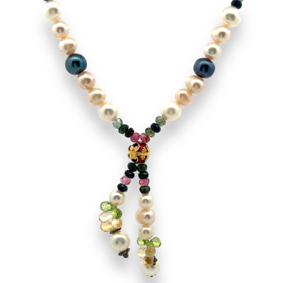 Multi Tourmaline Natural & Pearl Citrine Peridot Birthstone Necklace