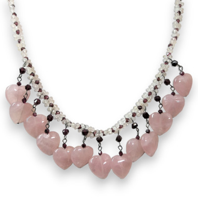 Rose Quartz Natural & Garnet Rondelle Facet Beads Semiprecious Necklace