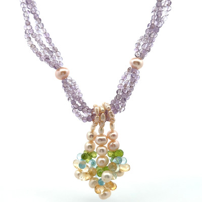 Amethyst Natural Citrine Swiss Blue Topaz Peridot Pearl Gemstone Necklace