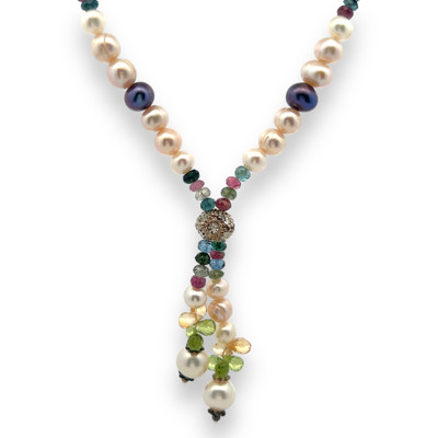 Multi Tourmaline Natural Pearl Peridot Citrine Unique Necklace Jewelry