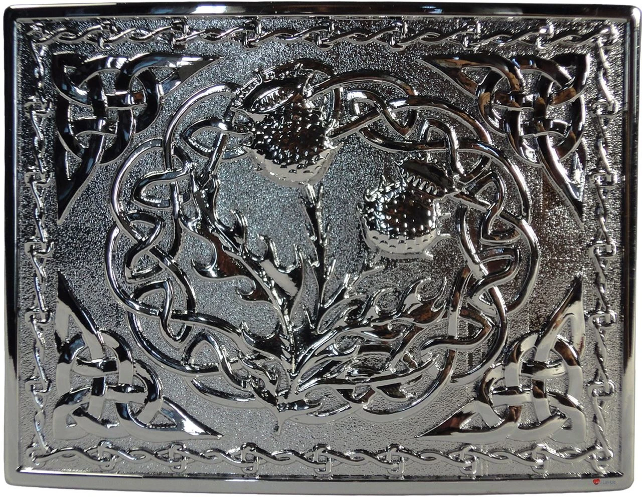 Highland Chrome Kilt Buckle Celtic Knot Corner Double Thistle Design