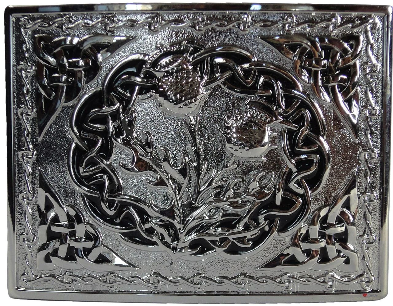 Kilt Buckle Double Thistle Design Black Ring Corners
