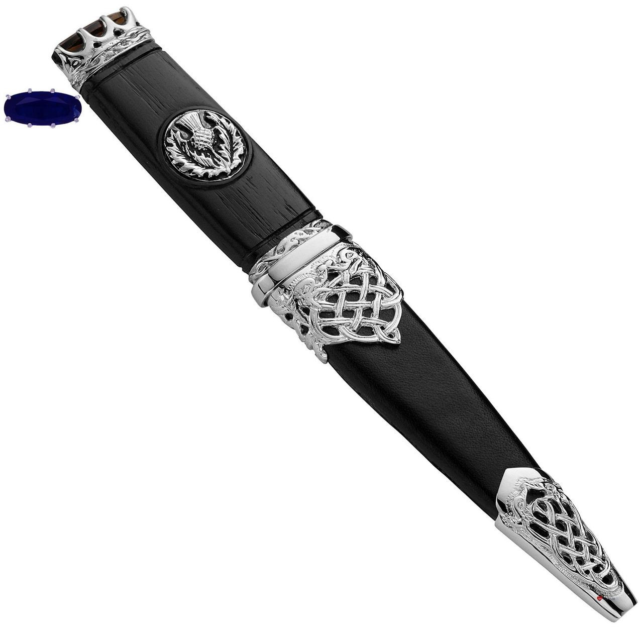 Sgian Dubh Plated Thistle Celtic Inserts Sapphire Hued Top Stone