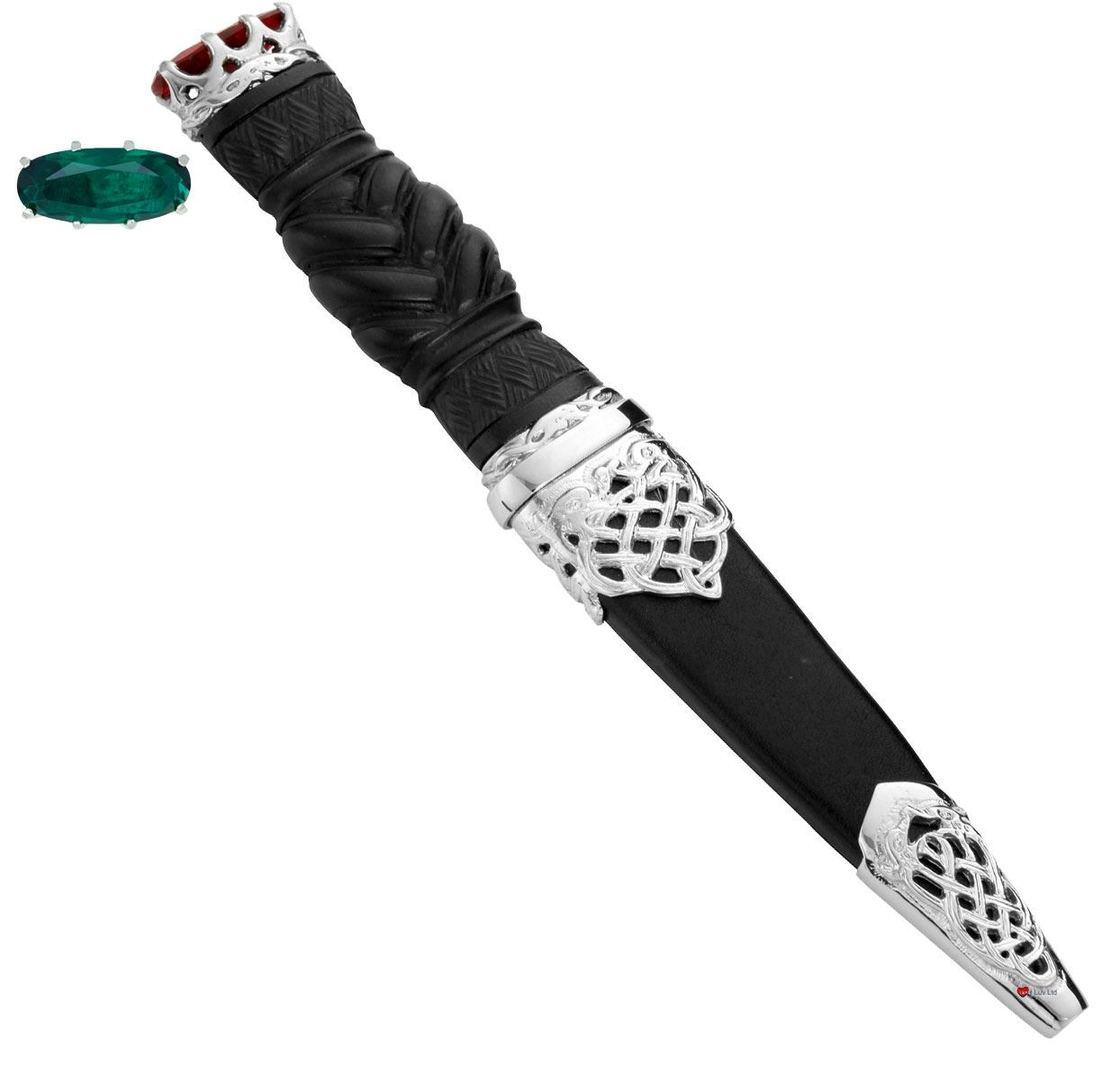 Sgian Dubh Plated Open Knot and Emerald Hued Cap on Braid Handle