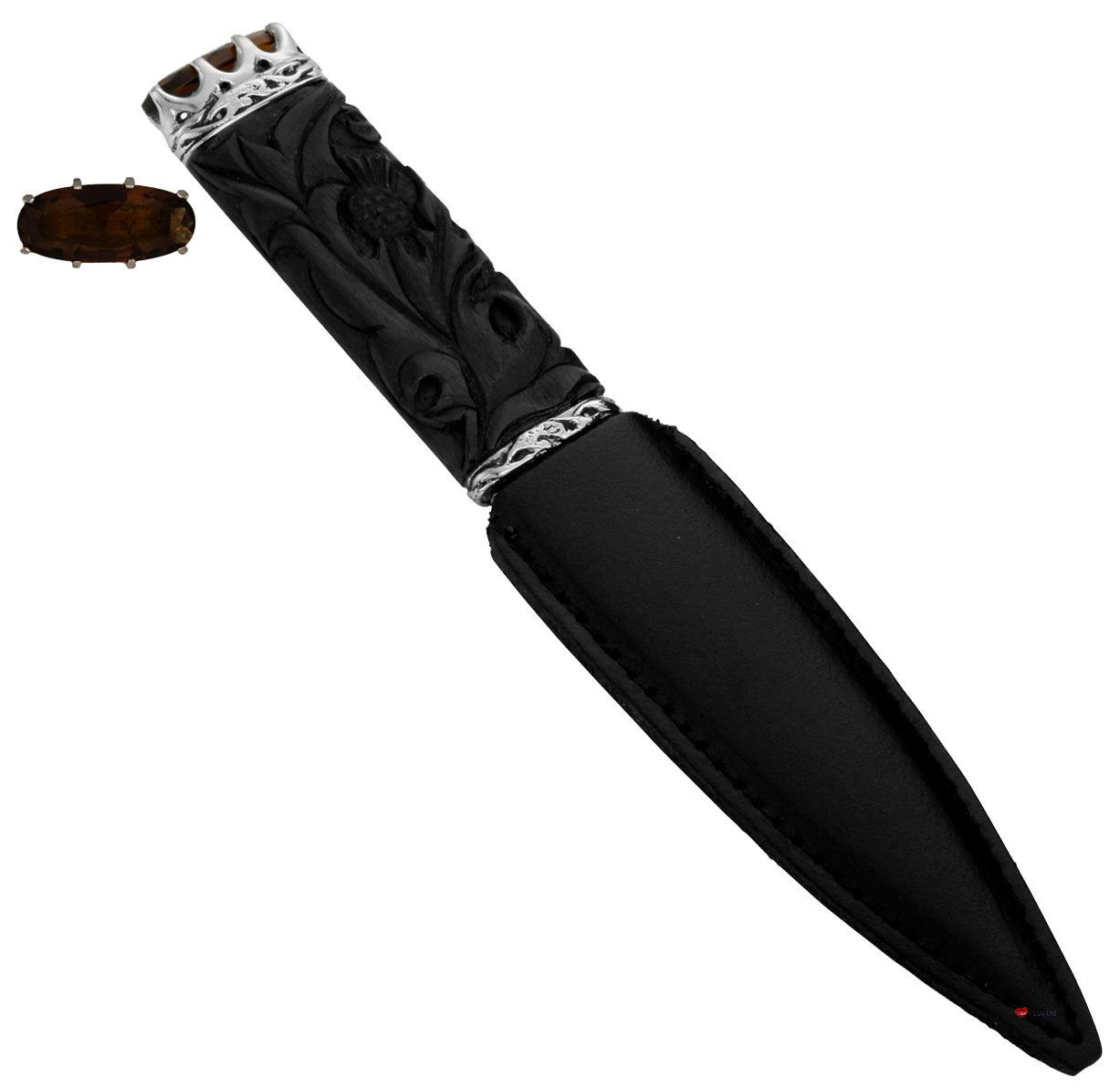 Sgian Dubh Carved Thistle and Quartz Hued Stone on Mount