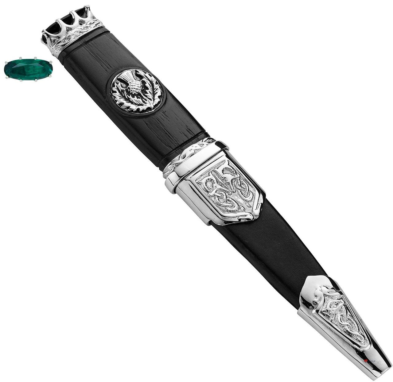 Sgian Dubh Plated Celtic Thistle Badge and Emerald Hued Top Stone