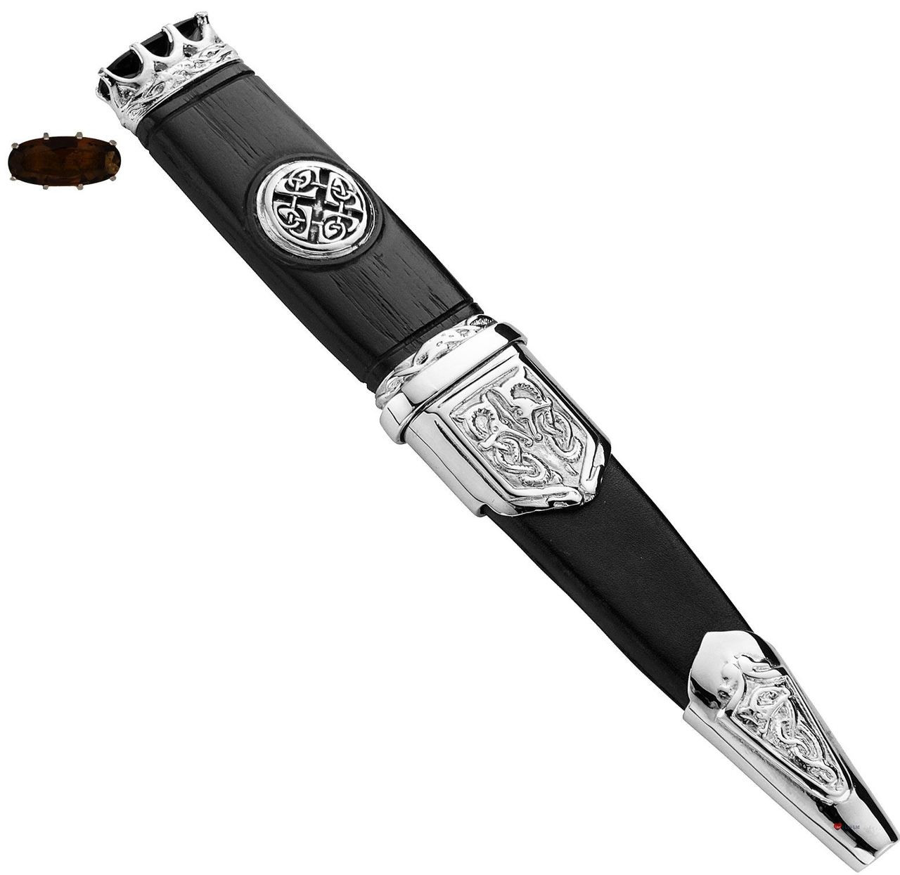 Sgian Dubh Plated Celtic Saltire Badge Smokey Quartz Hued Top Stone