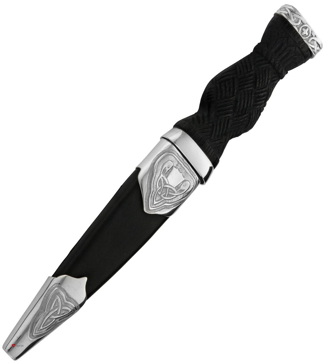 Sgian Dubh Silver Celtic Entwined Birds and Silver Cap on Ebony Handle