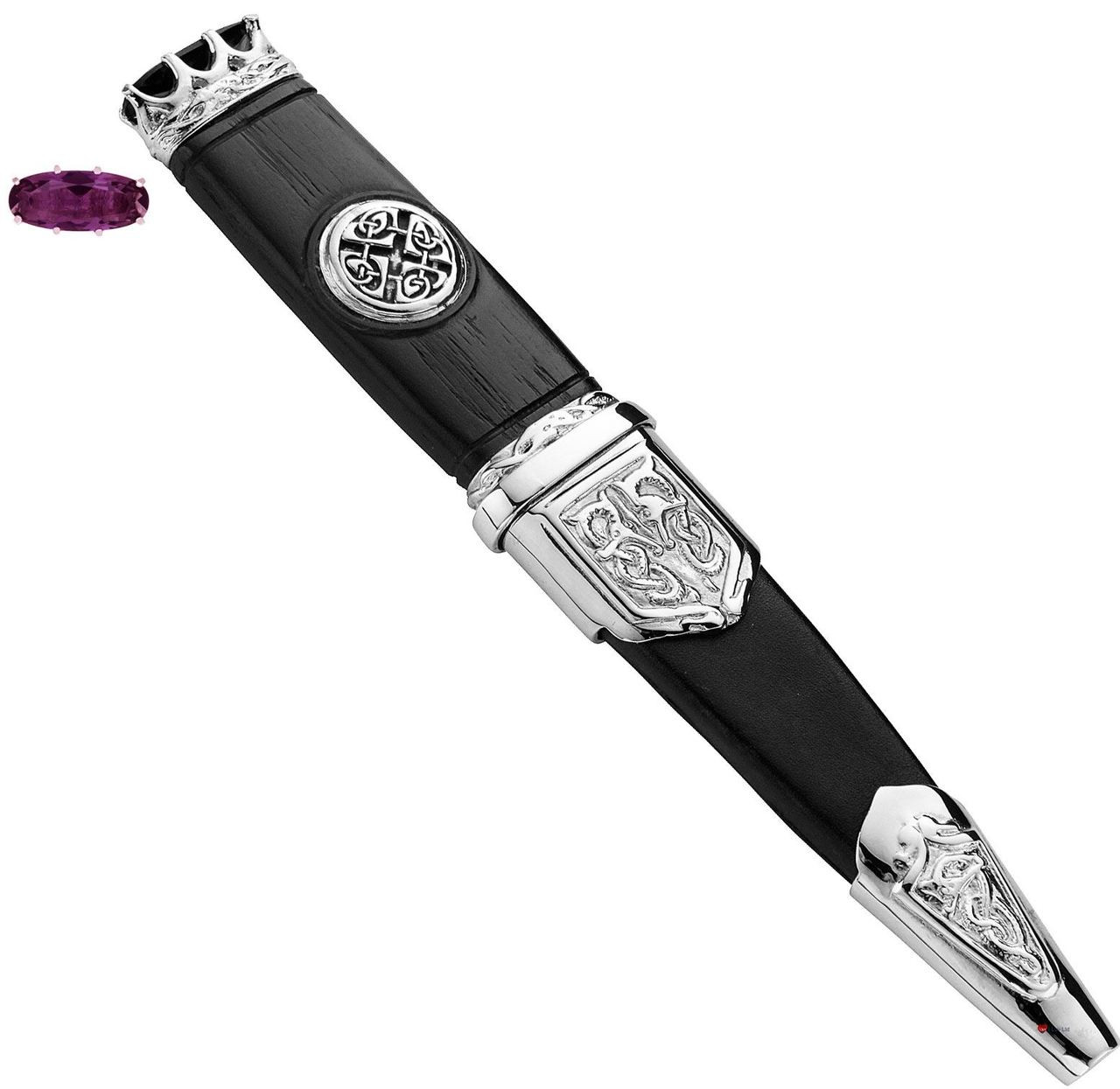 Sgian Dubh Plated Celtic Saltire Badge and Amethyst Hued Top Stone