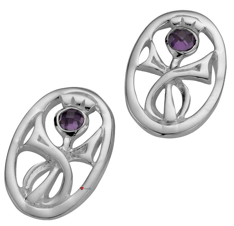 Sterling Silver Thistle Stylised Amethyst Set Oval Earrings 15mm