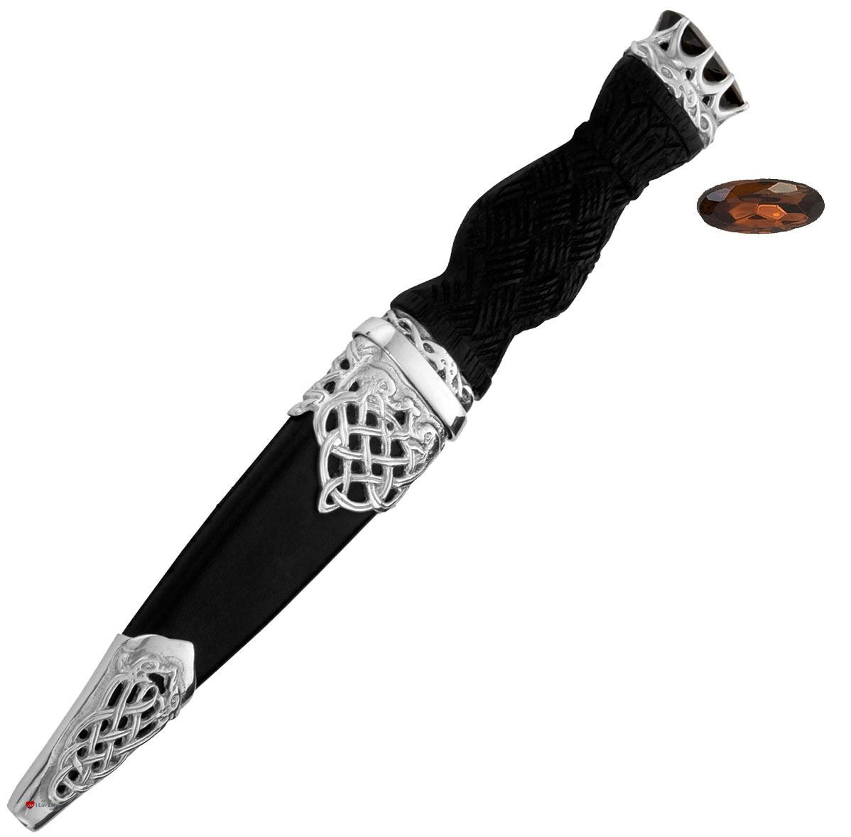 Sgian Dubh Sterling Silver Open Celtic Serpents and Smokey Quartz Cap