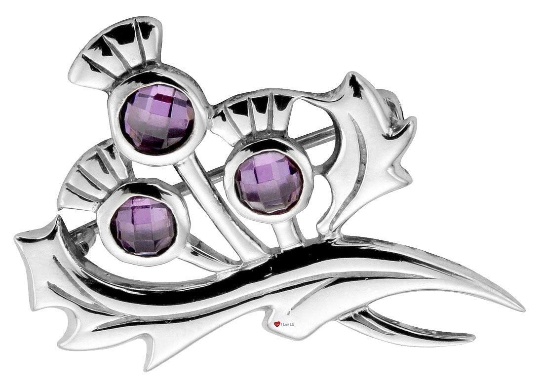 Sterling Silver Thistle Triple Amethyst Set Brooch 35mm