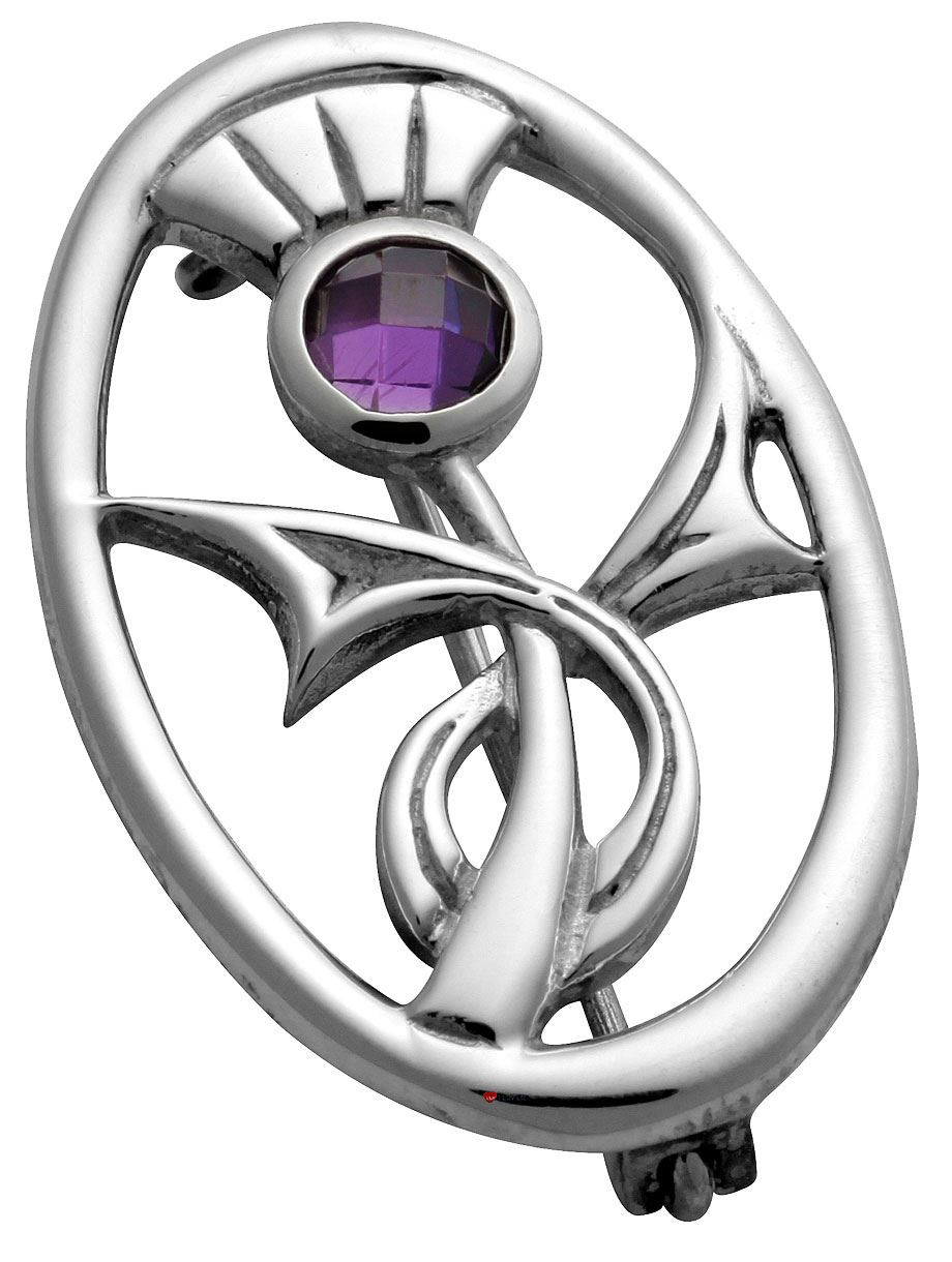 Sterling Silver Thistle Stylised Amethyst Set Oval Brooch Crafted 34mm