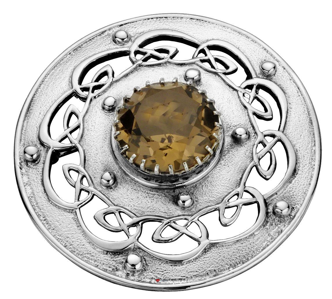 Plaid Brooch Sterling Silver Open Celtic Scrollwork Smokey Quartz 60mm