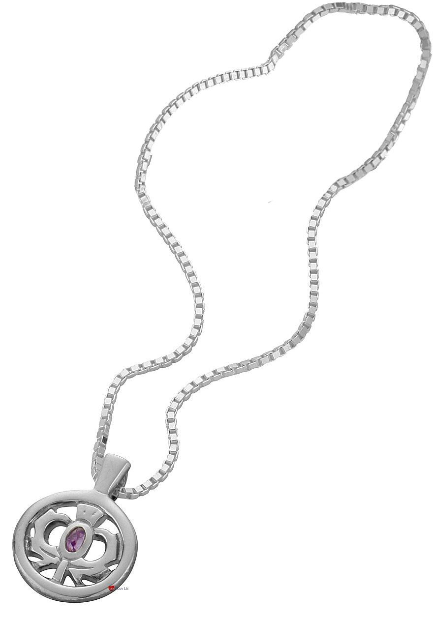 Sterling Silver Thistle Amethyst Set Oval Pendant 12mm