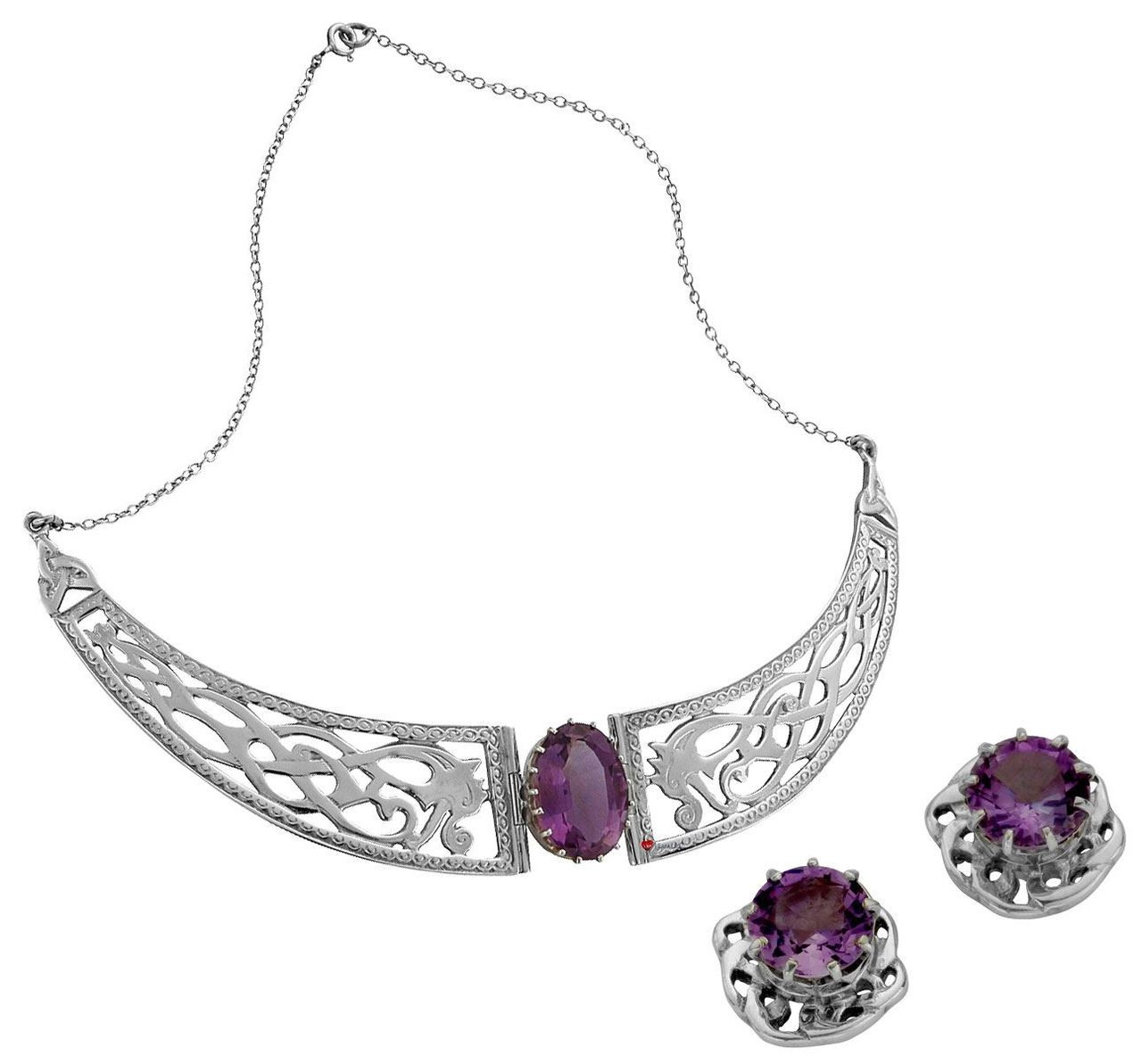 Set Collarette Necklace Stud Earrings Sterling Silver Celtic Amethysts