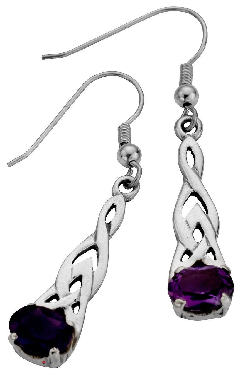 Sterling Silver Earrings Drop Style Fitting Celtic Design Set Amethyst