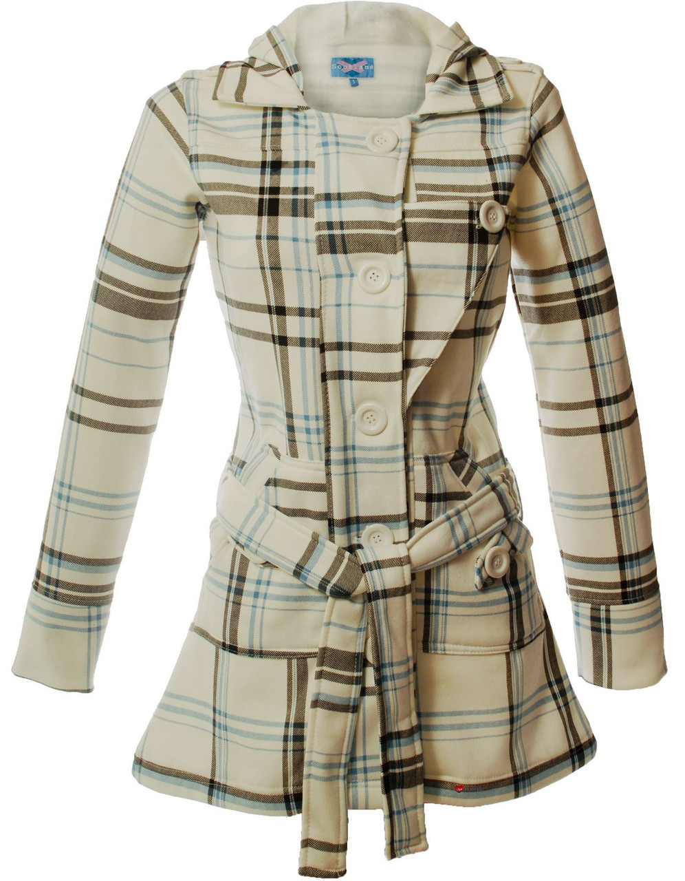 Ladies Jess Long Coat Hooded with Tie Belt White Black Blue Check