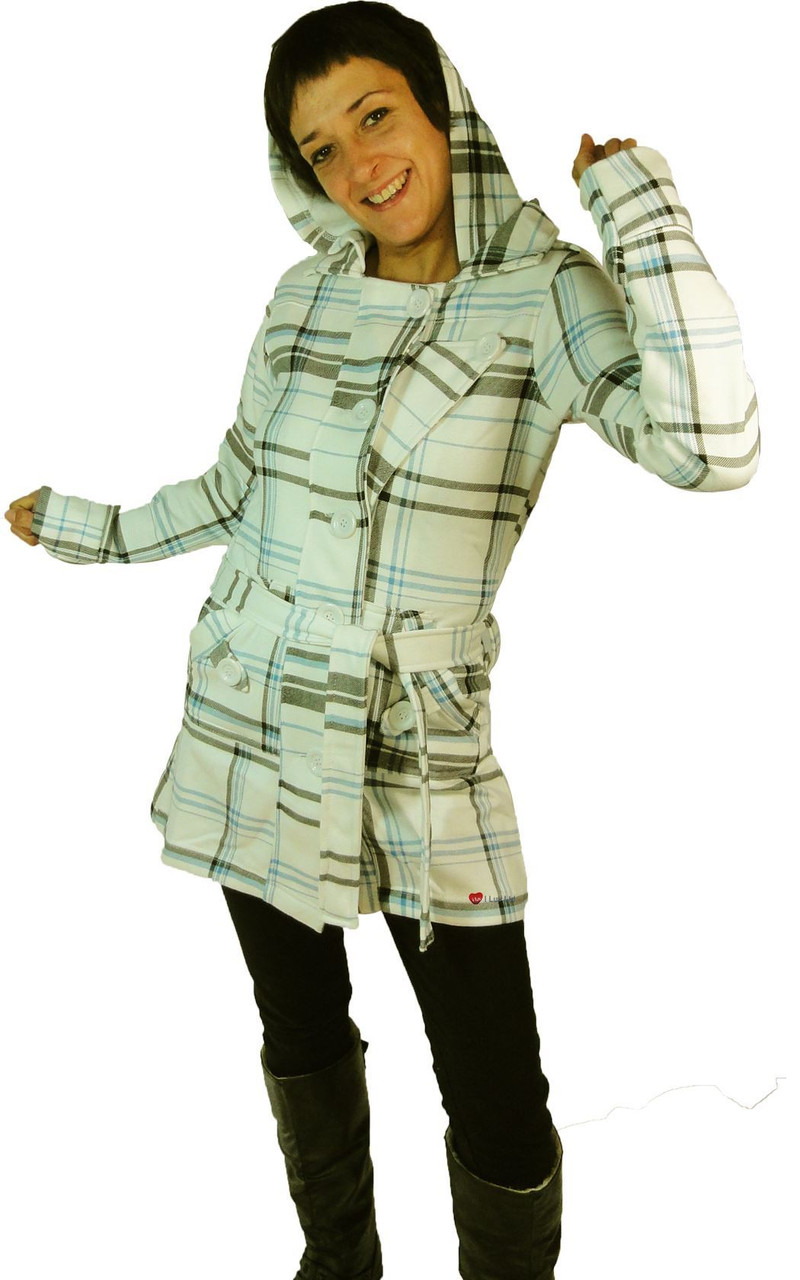 Ladies Jess Long Coat Hooded with Tie Belt White Black Blue Check