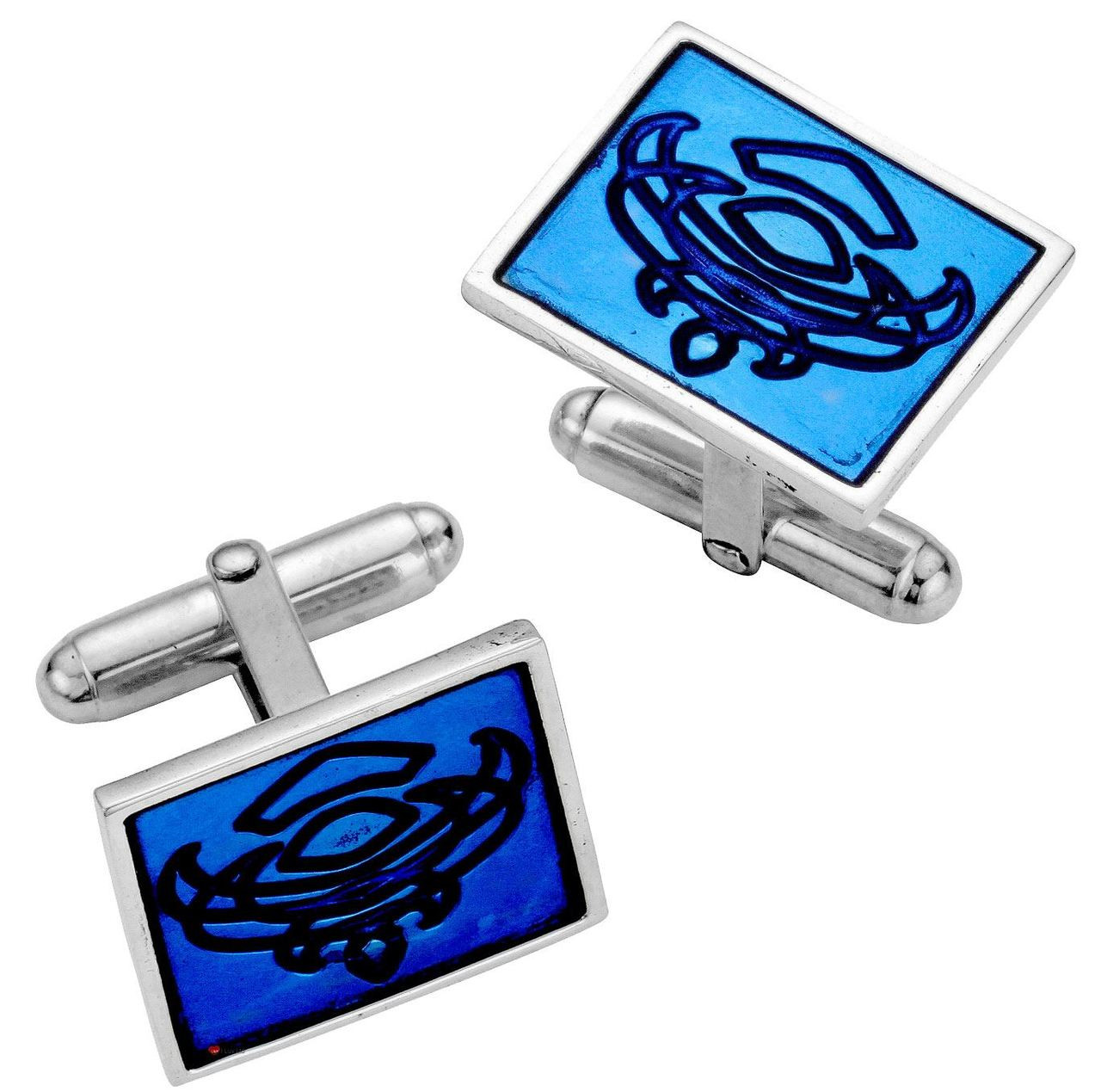 Cufflinks Sterling Silver Blue Enamelled Engraved Abstract Thistle