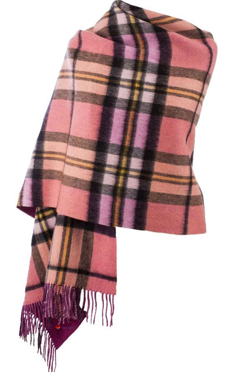 Lambswool Double Faced Stole In Raspberry Gold Check Design 73 cm Wide