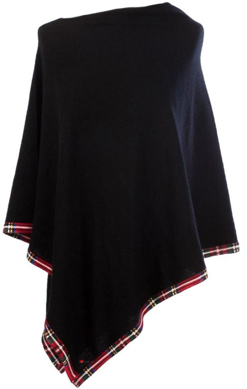 Cashmere Poncho with Tartan Edge Trim In Black 81cm Long