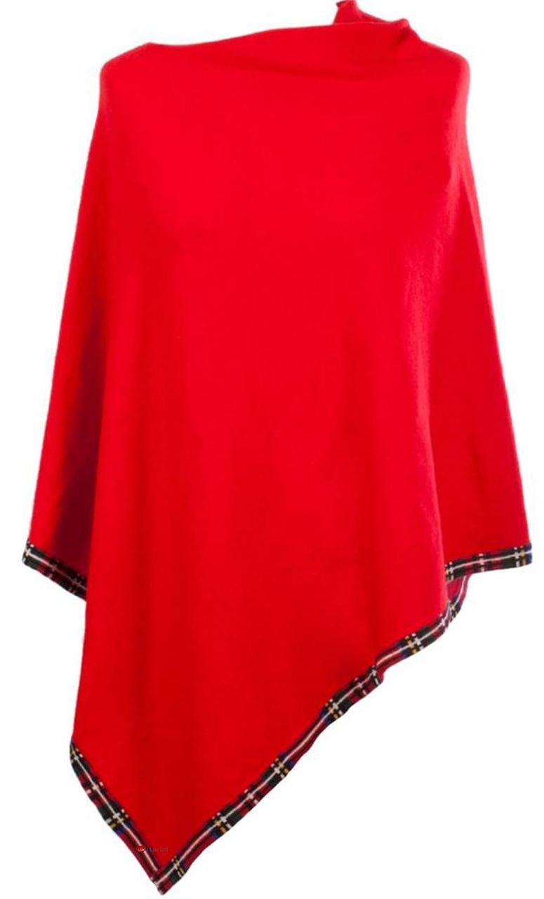 Cashmere Poncho with Tartan Edge Trim in Red 81cm Long