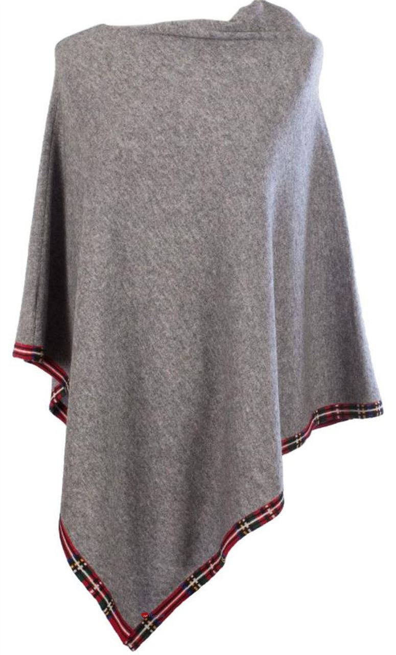 Cashmere Poncho with Tartan Edge Trim in Grey 81cm Long
