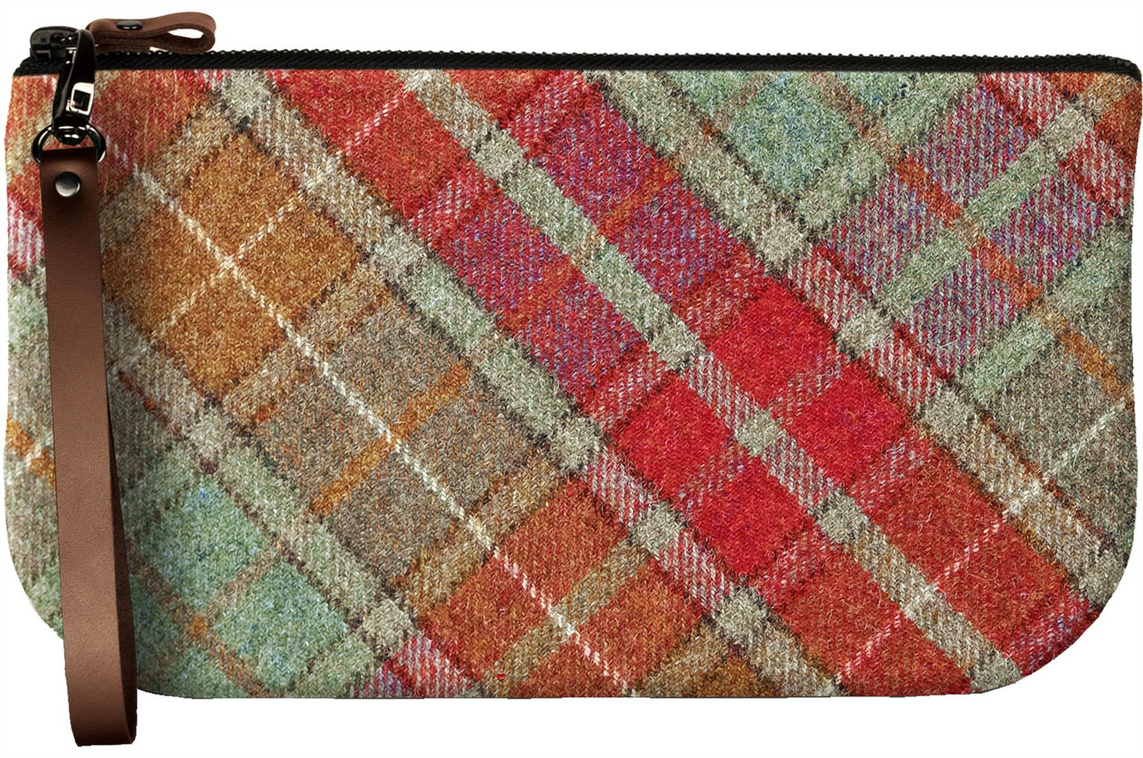 Small Leather Clutch Bag With Autumn Tartan Large Enough to Fit iPad Mini