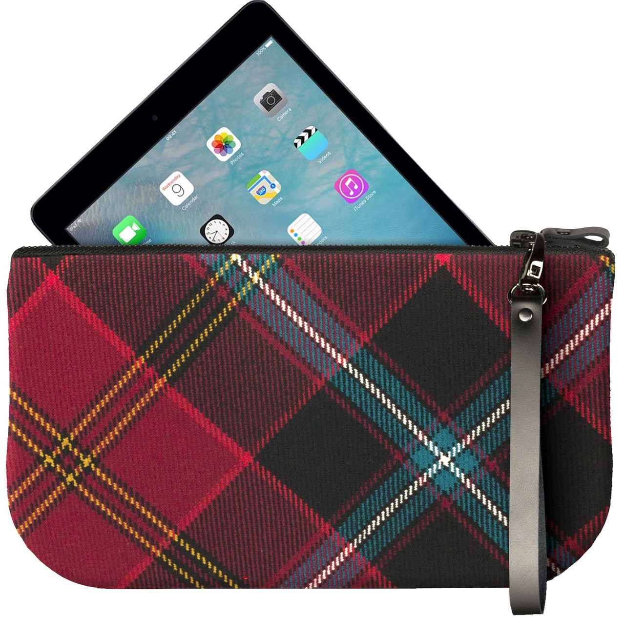 Small Leather Clutch Bag German American Tartan Large Enough to Fit iPad Mini