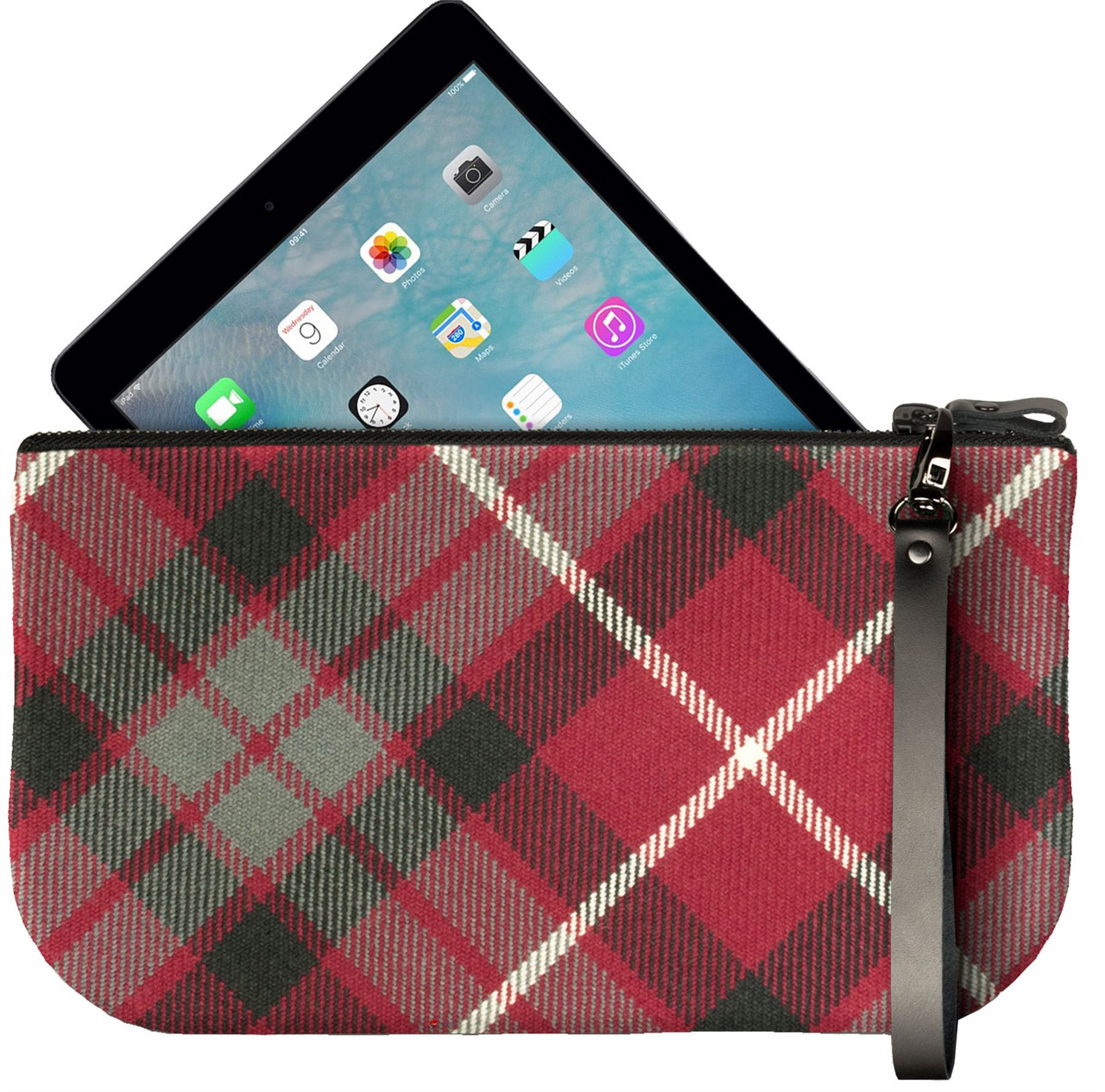 Small Leather Clutch Bag With Fraser Red Tartan Large Enough to Fit iPad Mini