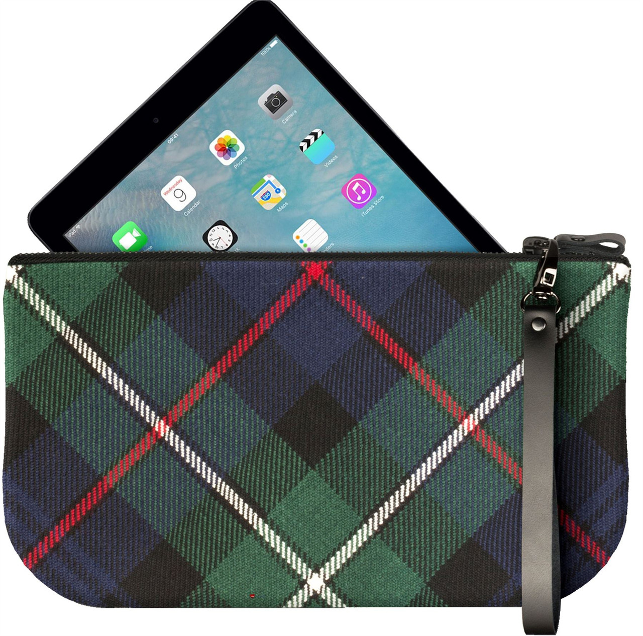 Small Leather Clutch Bag With MacKenzie Tartan Large Enough to Fit iPad Mini