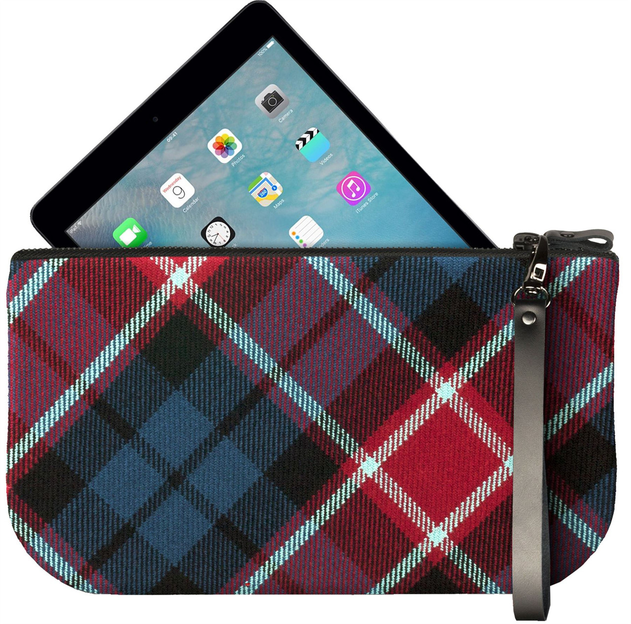 Small Leather Clutch Bag With Graham of Menteith Tartan Fits iPad Mini