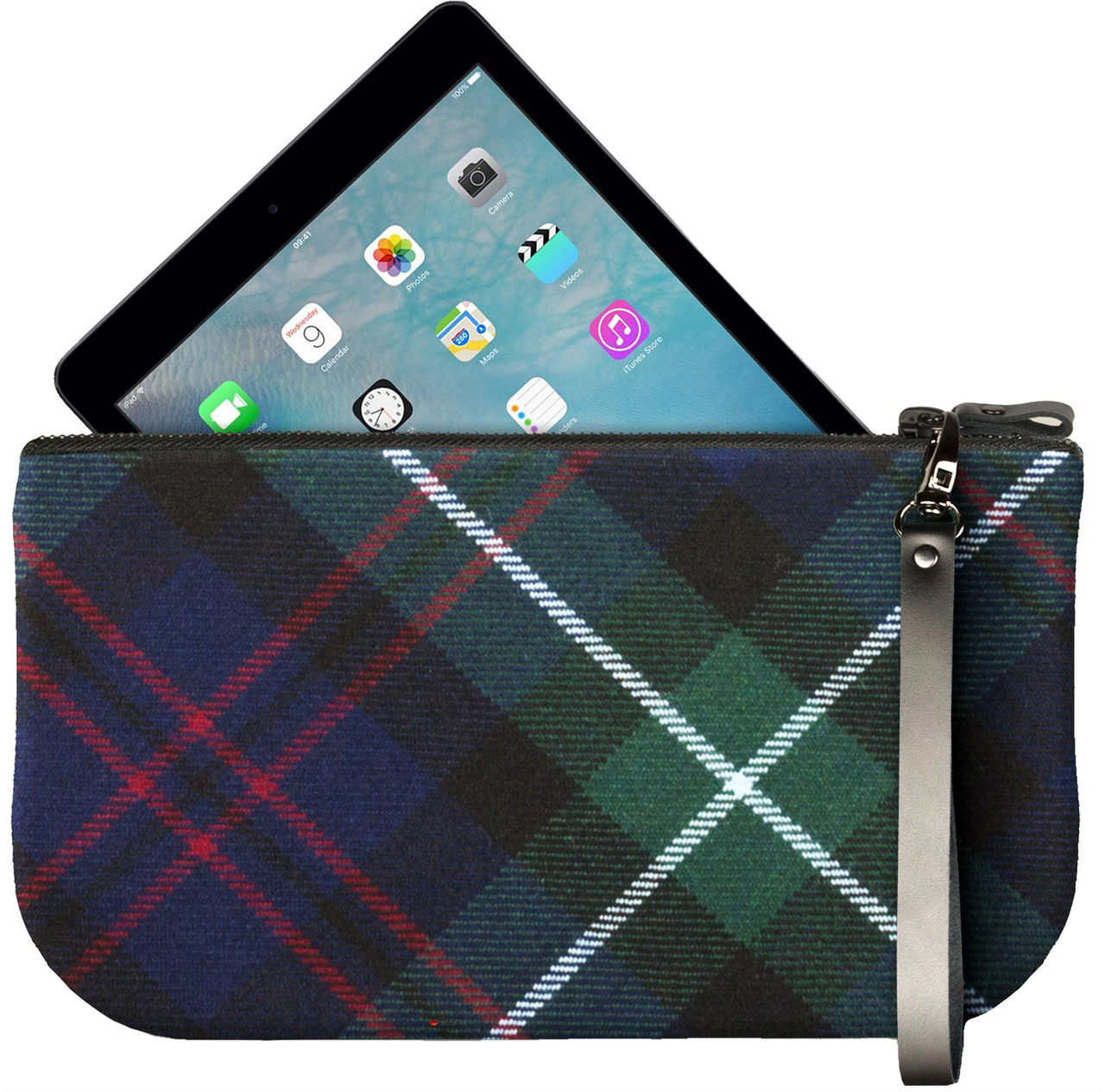 Small Leather Clutch Bag With Heritage Tartan Large Enough to Fit iPad Mini