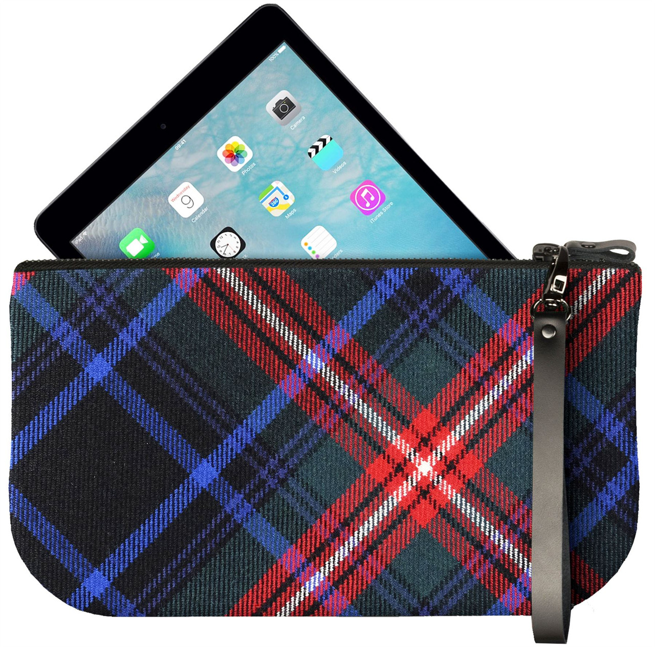 Small Leather Clutch Bag With Braveheart Tartan Large Enough to Fit iPad Mini