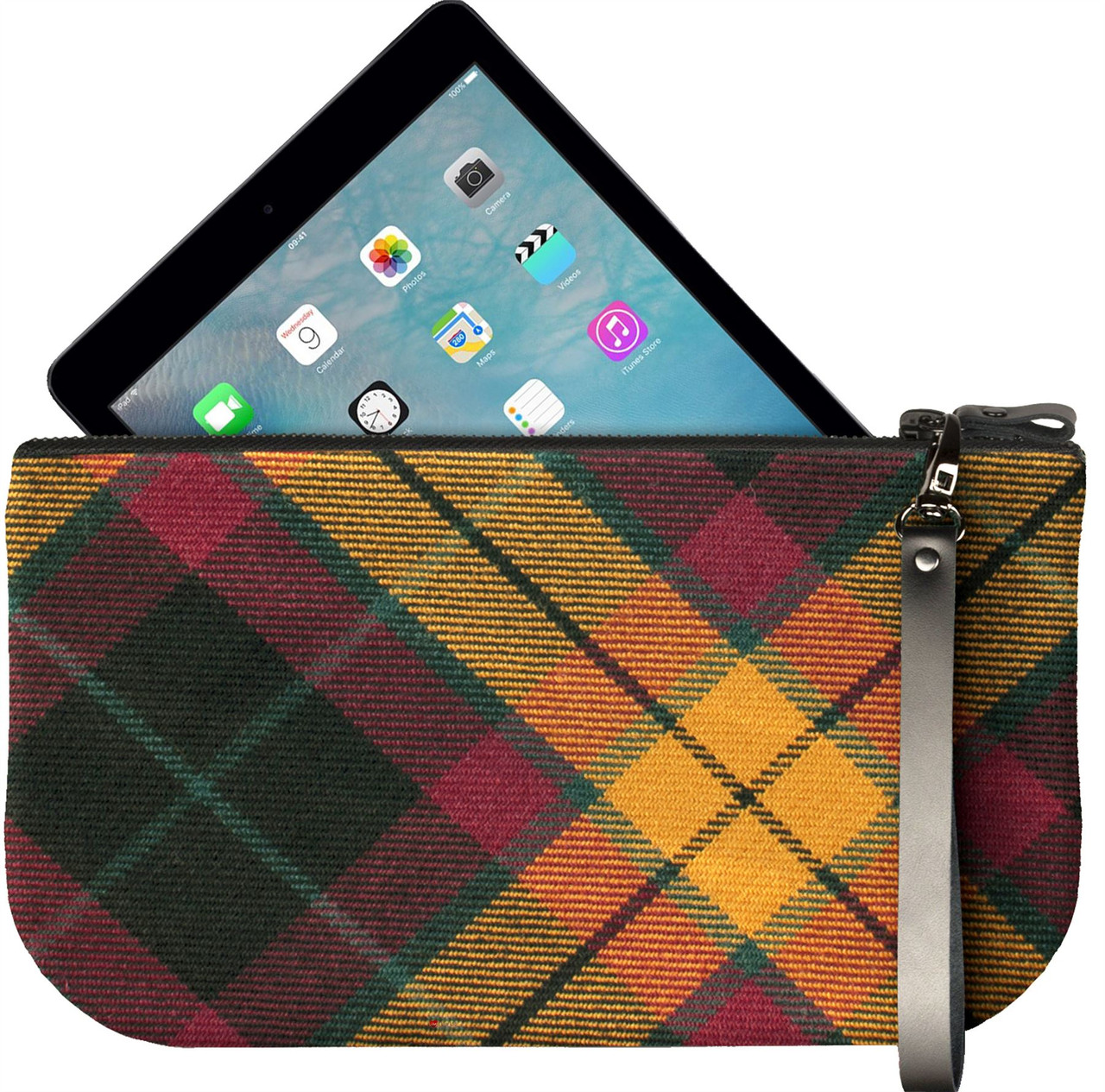 Small Leather Clutch Bag With MacMillan Tartan Large Enough to Fit iPad Mini
