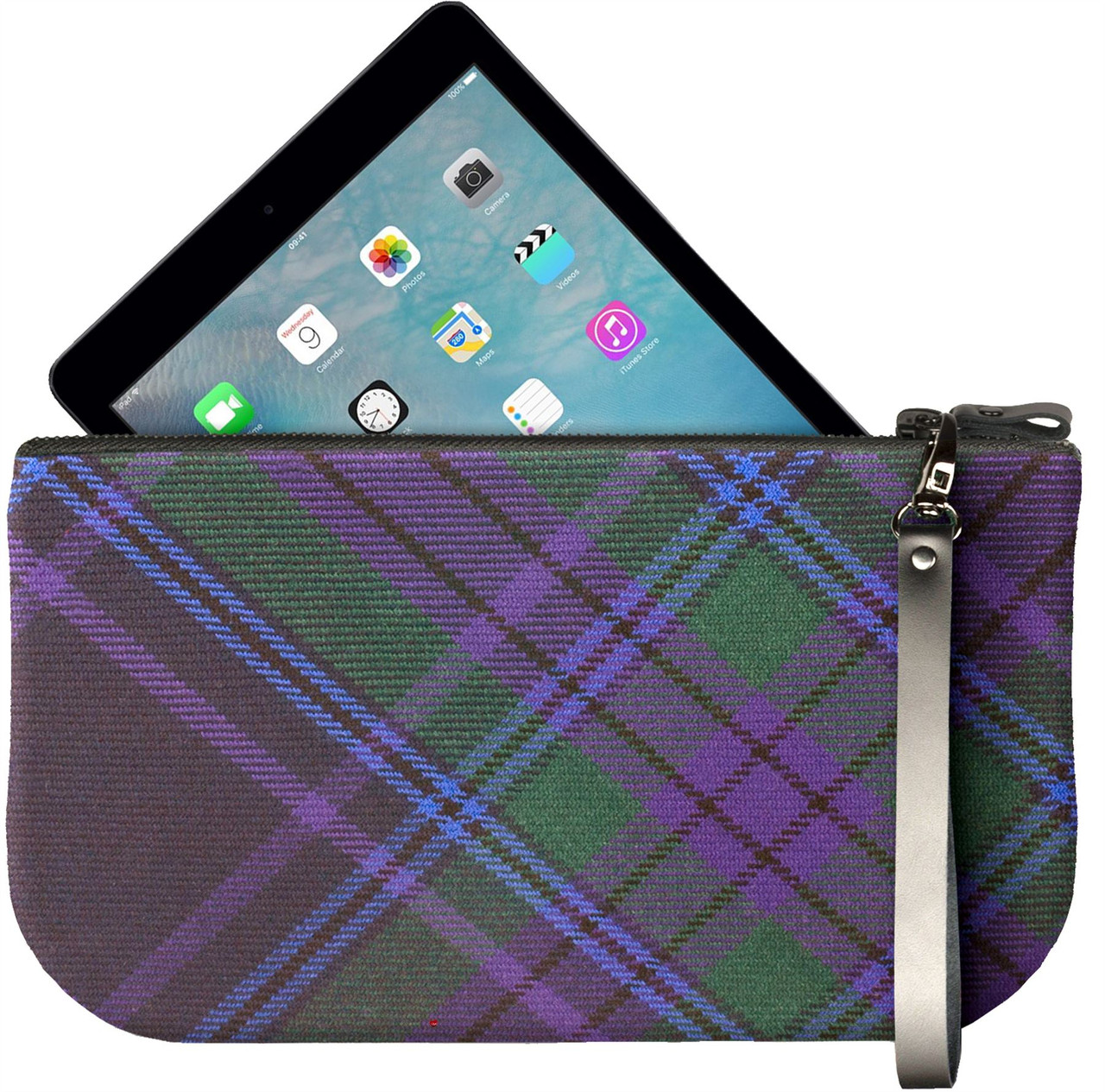 Small Leather Clutch Bag Spirit of Scotland Tartan Large Enough to Fit iPad Mini