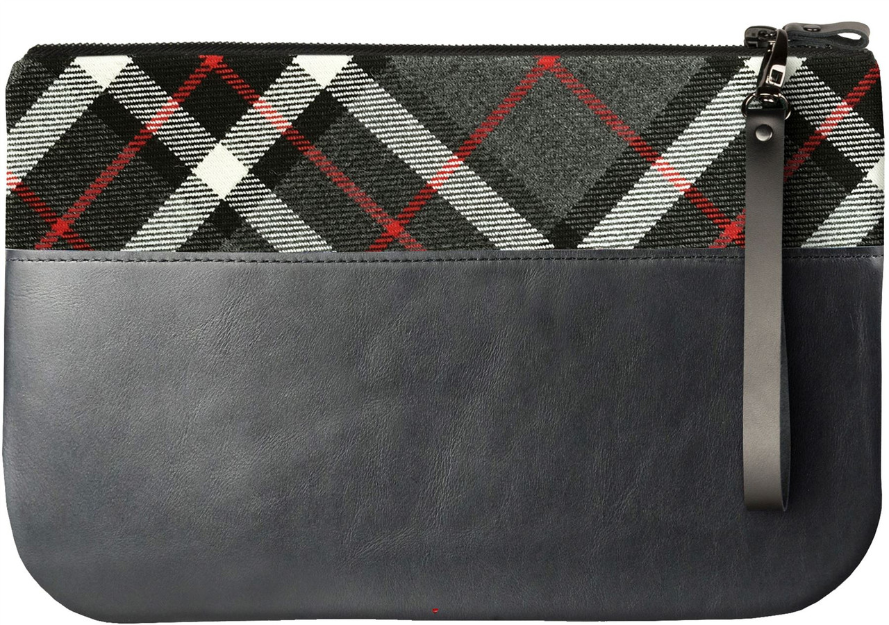 Medium Leather Clutch Bag With Thomson Grey Tartan Large Enough to Fit an iPad