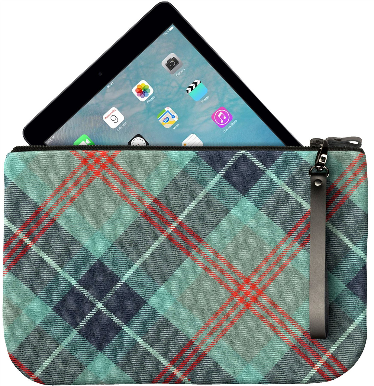 Medium Leather Clutch Bag With Loch Ness Tartan Large Enough to Fit an iPad