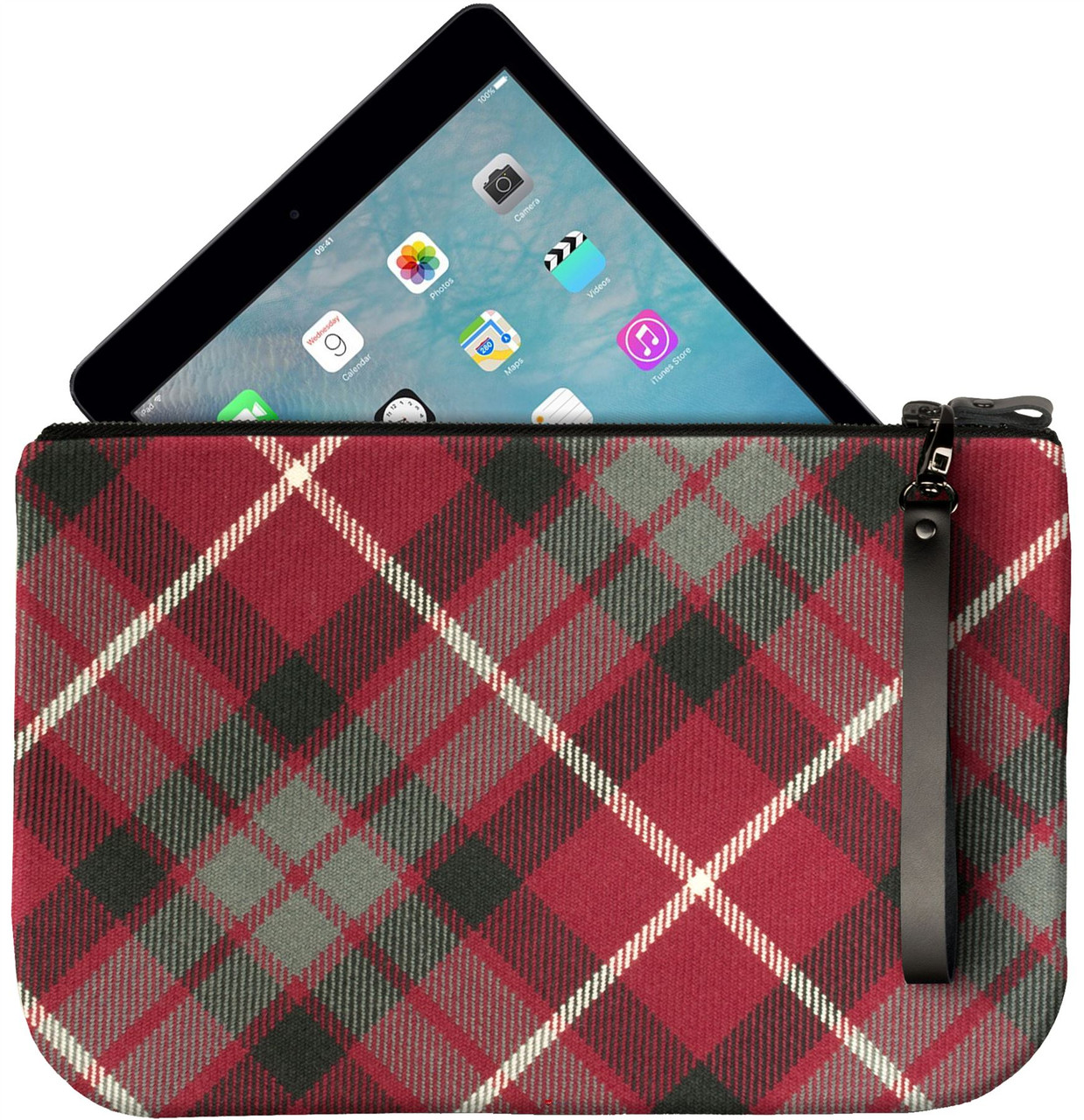 Medium Leather Clutch Bag With Fraser Red Tartan Large Enough to Fit an iPad