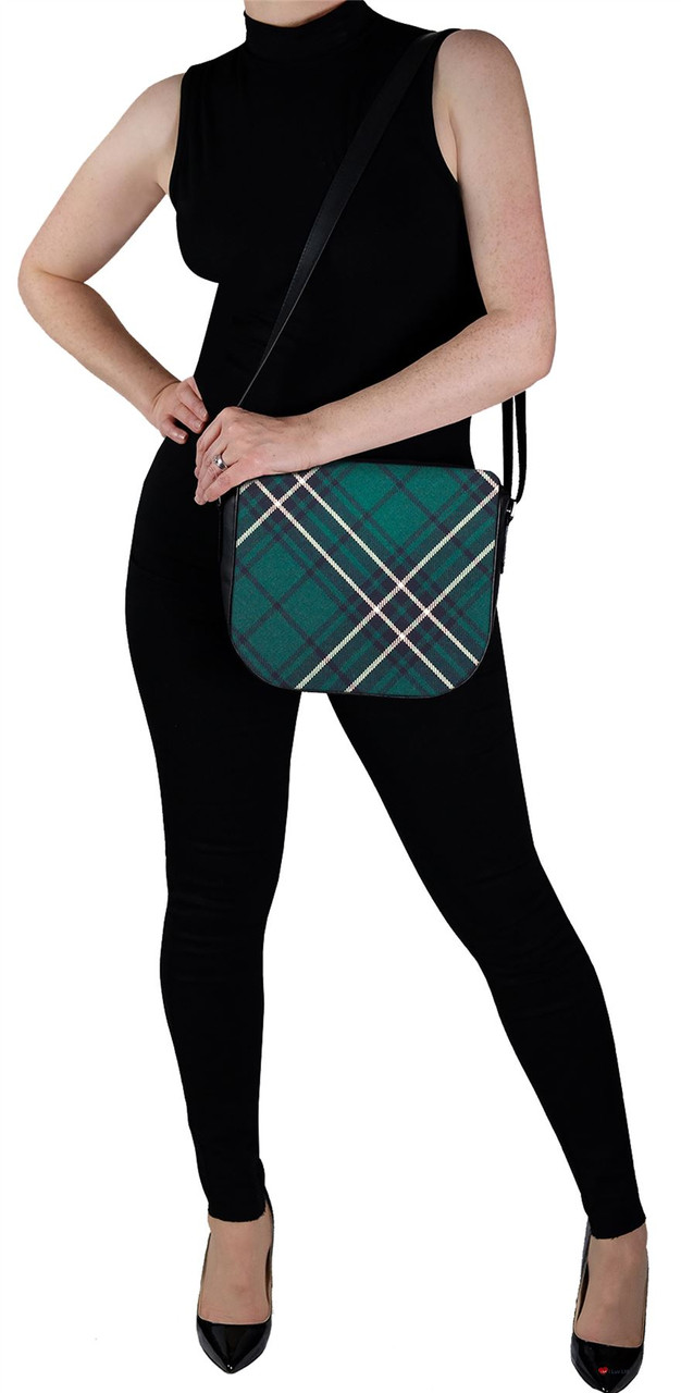 Leather Handbag Shoulder Bag With MacLean Tartan With Inside and Back Pocket