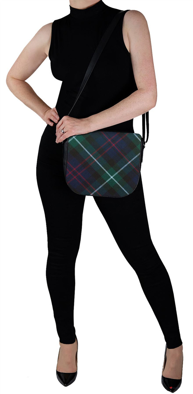 Leather Handbag Shoulder Bag With Johnstone Tartan With Inside and Back Pocket