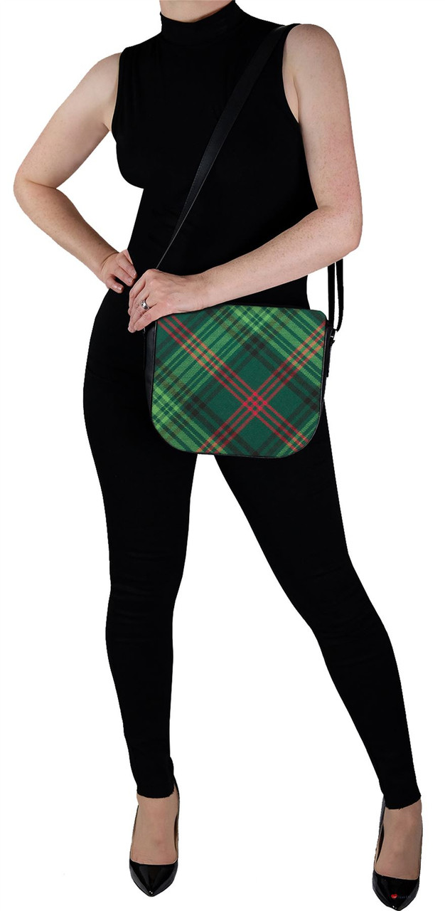 Leather Handbag Shoulder Bag With Ross Tartan With Inside and Back Pocket