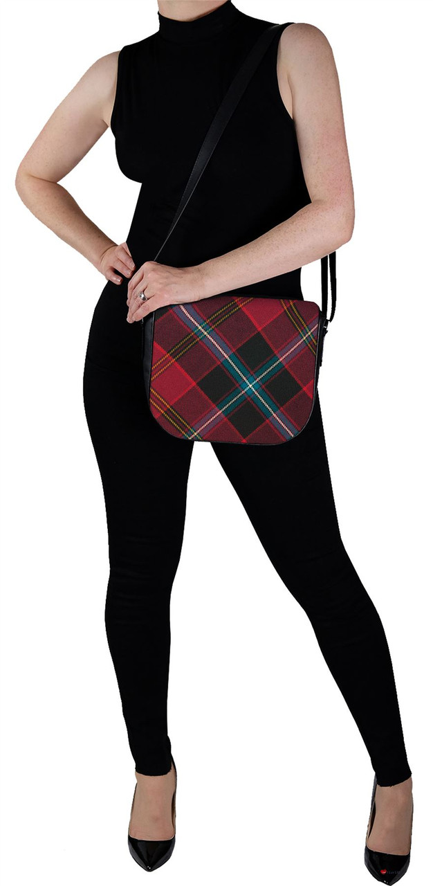 Leather Handbag Shoulder Bag With German American Tartan Inside and Back Pocket