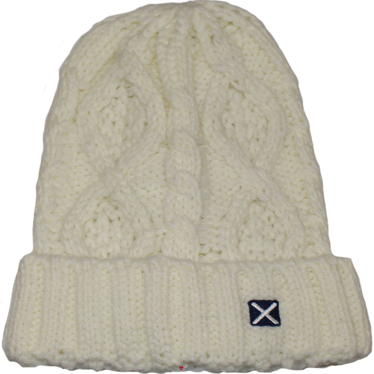 Scottish Cap Tweed Cap Co Saltire Logo Cable Knit Beanie White Design Flat Cap