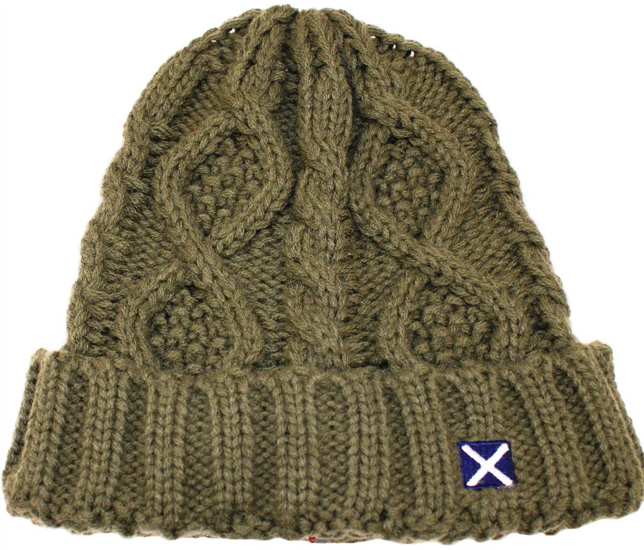 Scottish Tweed Cap Co Saltire Logo Cable Knit Beanie Olive Green Design Beanie