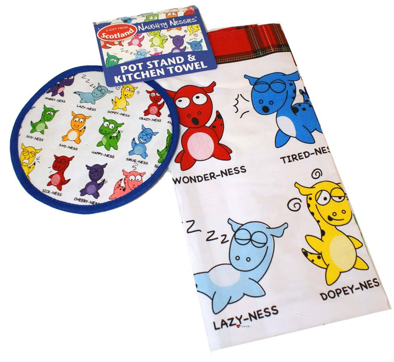 Naughty Nessies Tea Towel and Pot Stand Combo Pack Loch Ness Mascot
