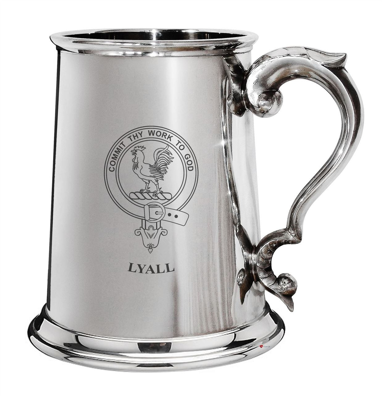Lyall Family Crest Polished Pewter 1 Pint Tankard with Scroll handle