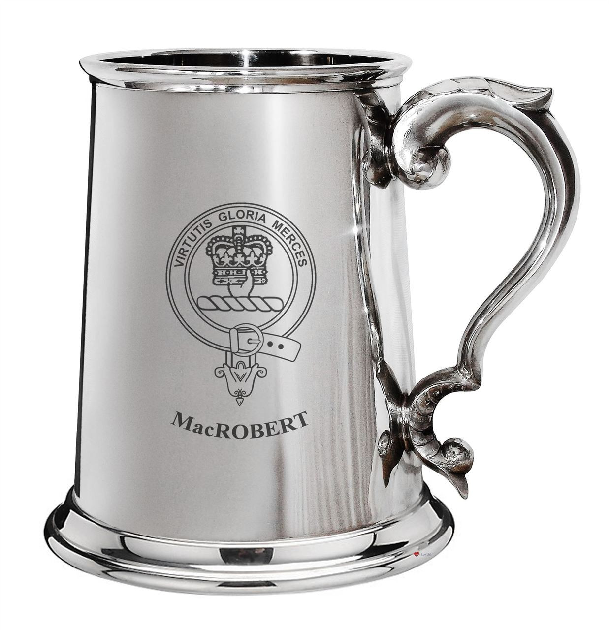 MacRobert Family Crest Polished Pewter 1 Pint Tankard with Scroll handle