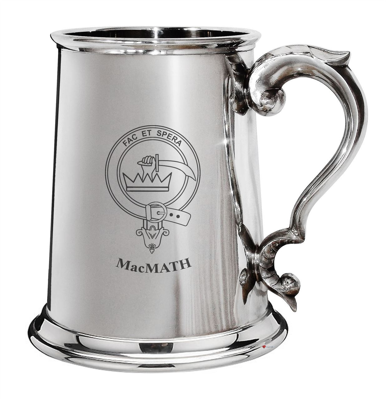 MacMath Family Crest Polished Pewter 1 Pint Tankard with Scroll handle